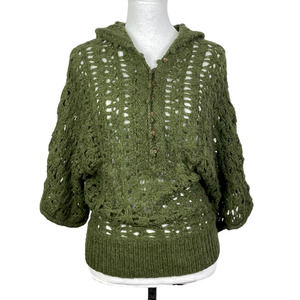 Free People Green Open Knit Alpaca Blend Dolman Sleeve Hooded Pullover Sweater